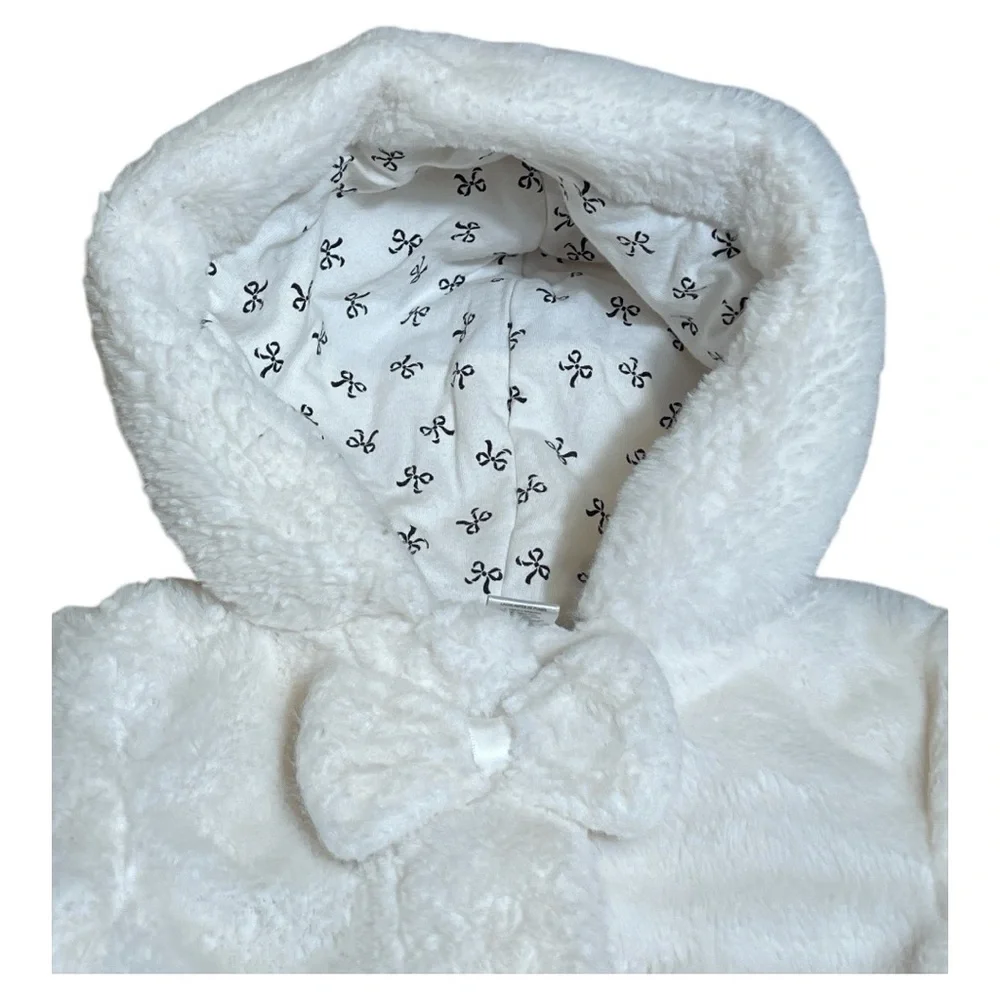 Girls “Little Me” Jacket White Faux Fur Hooded Coat‎ Bow Zip Closure, 24 Months